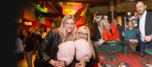 A montage image showing two women with cotton candy from our Sips and Sweets event combined with people playing craps at our Poker and Casino night