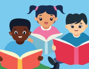 Illustration of 3 small toddlers reading books