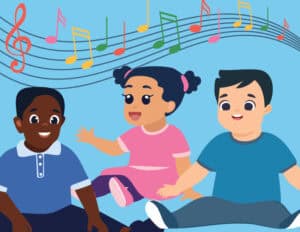 Illustration of 3 toddlers listen to music
