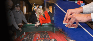 Montage image of a woman playing craps and close up of a dealer shuffling cards.