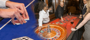 Montage image of a people playing roulette and close up of a dealer shuffling cards.