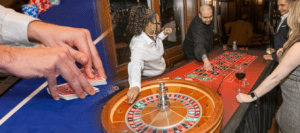 Montage image of a people playing roulette and close up of a dealer shuffling cards.
