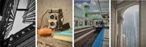 A collage of photos Finn took during Photography for All. From left, the first photo is black and white and is looking up at sky with three buildings visible. The second photo shows a vintage camera next to a hardcover book and a pipe. The third photo shows an El station with a green roof and a train arriving at the platform. The last photo shows a view of skyscrapers frames through an archway.