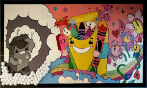 colorful mural with cartoon crayon boxes