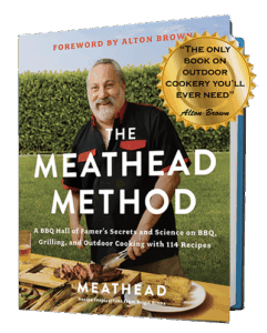 a cover image of a book titled "The Meathead Method." The book shows the Meathead, a man with short gray hair and a gray beard, grilling on the cover.