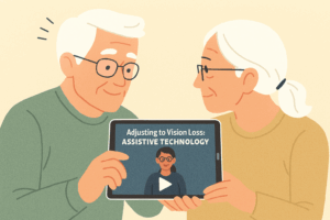 Two older individuals viewing a tablet screen displaying a video titled "Adjusting to Vision Loss: Assistive Technology"