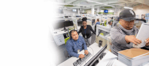 Composite photo showing people with various disabilities working at The Chicago Lighthouse. Some are in a contact center and one person is in the Industries plant.