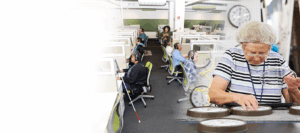 Composite photo showing people with various disabilities working at The Chicago Lighthouse. Some are in a contact center and one person is in the Industries plant.