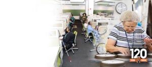 Composite photo showing people with various disabilities working at The Chicago Lighthouse. Some are in a contact center and one person is in the Industries plant.