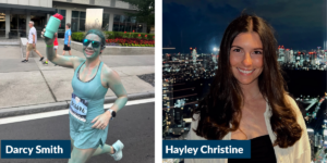 Two photos: Darcy Smith on the left, running a marathon covered in blue paint smiling widely. Right: Hayley Christine smiling with a night cityscape in the background.
